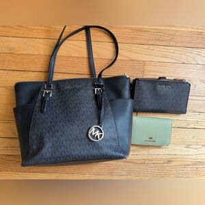 Michael Kors Bundle: Charlotte Black Tote with matching wallet and green wallet